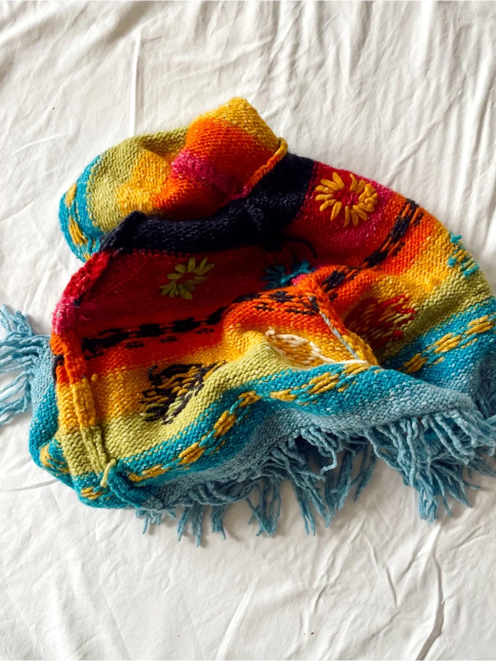 HANDMADE Poncho Sweater Hand Knit Rainbow Floral Andean Peru Jacket Coat Hoodie